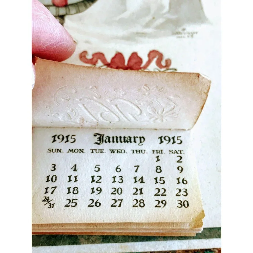 Antique 1915 Die cut Calendar Card Girl Snowman